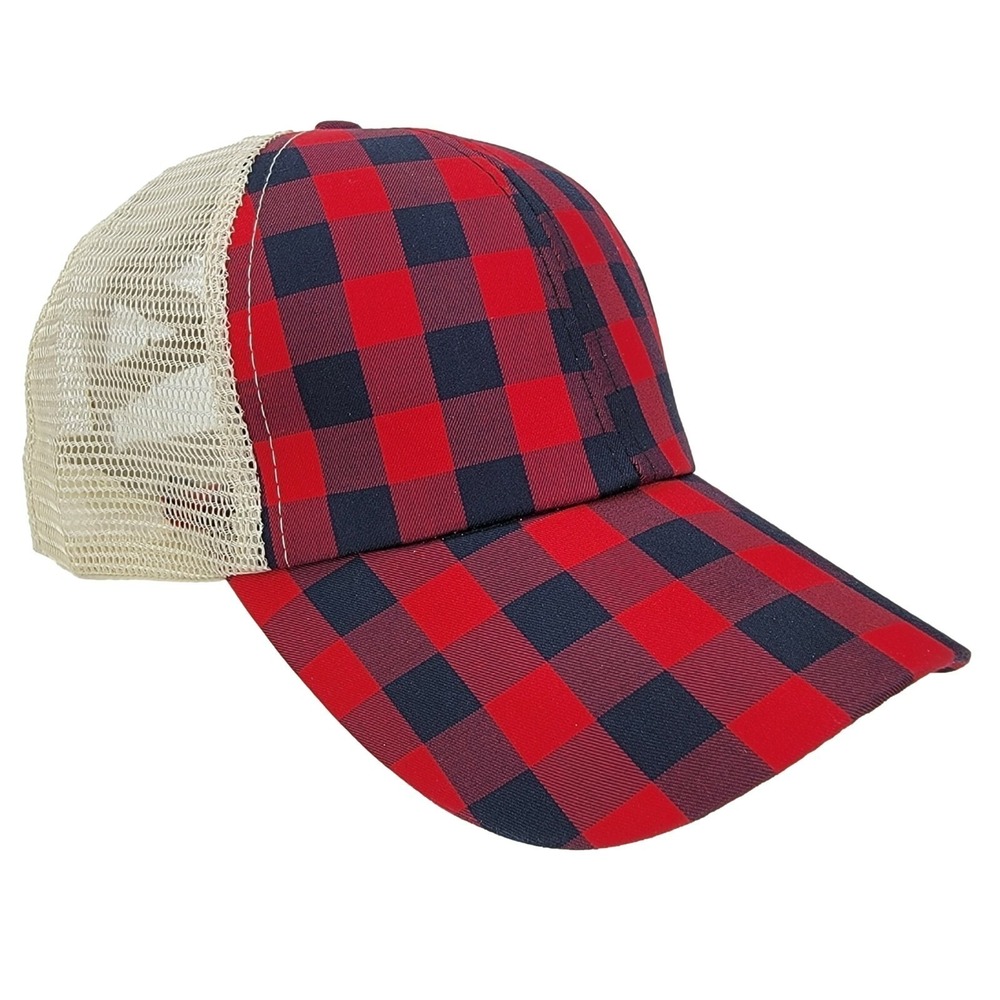 Buffalo Plaid Ponytail Hat Women's‎ Criss Cross Messy Bun Trucker Cap Adjustable